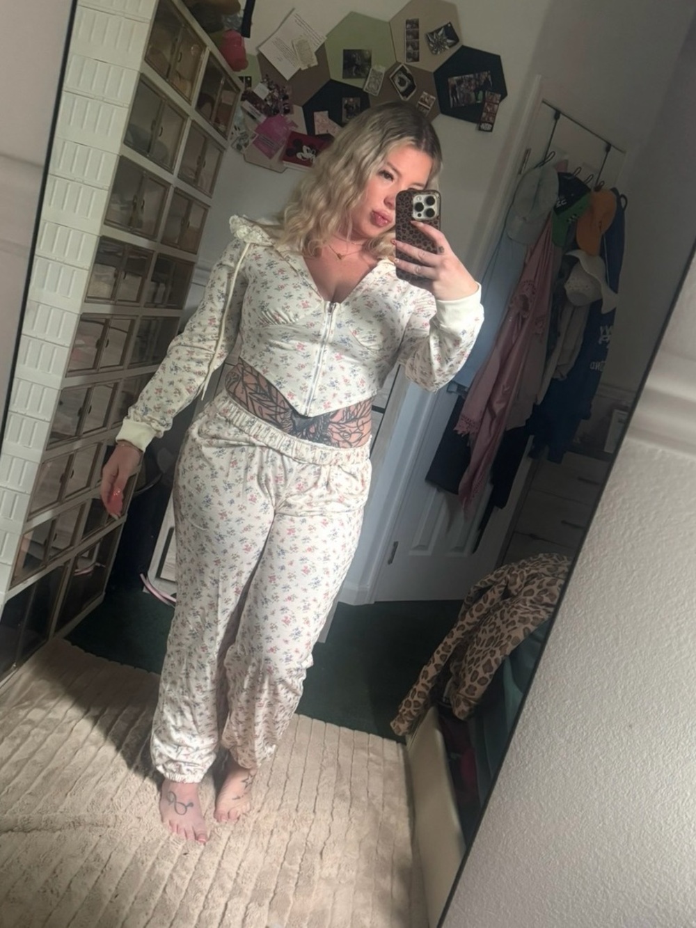 Cozy Floral Zip-Front Lounge Set - Cream